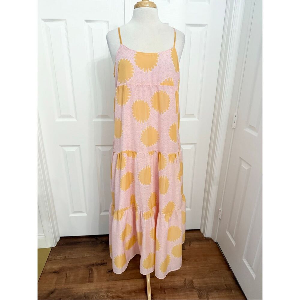 J. Marie Sun Floral Pink Orange Spaghetti Strap Tiered Summer Midi Maxi Dress L